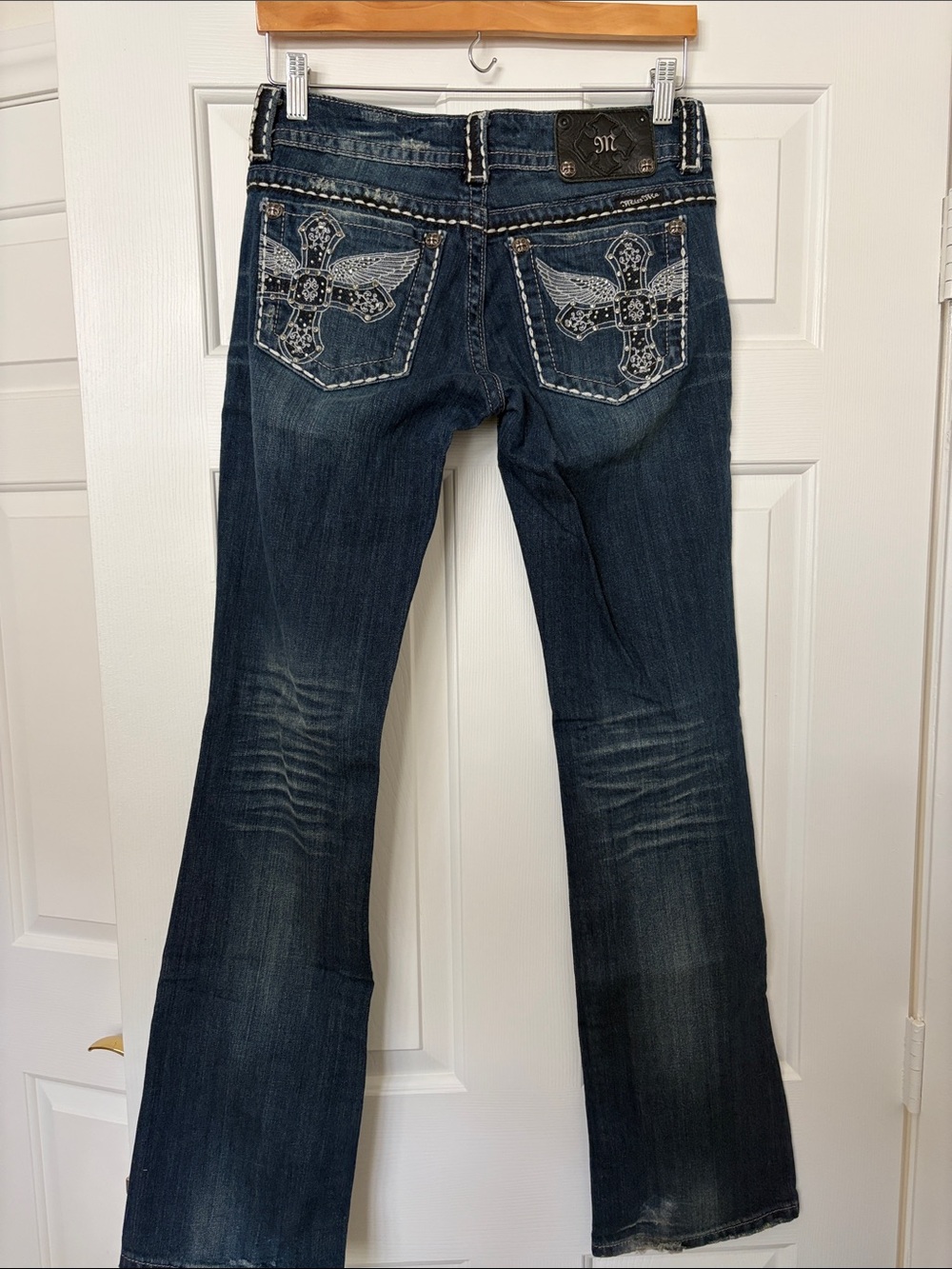 Miss Me Dark Blue Embroidered Flare Jeans with Cross Pocket Detail